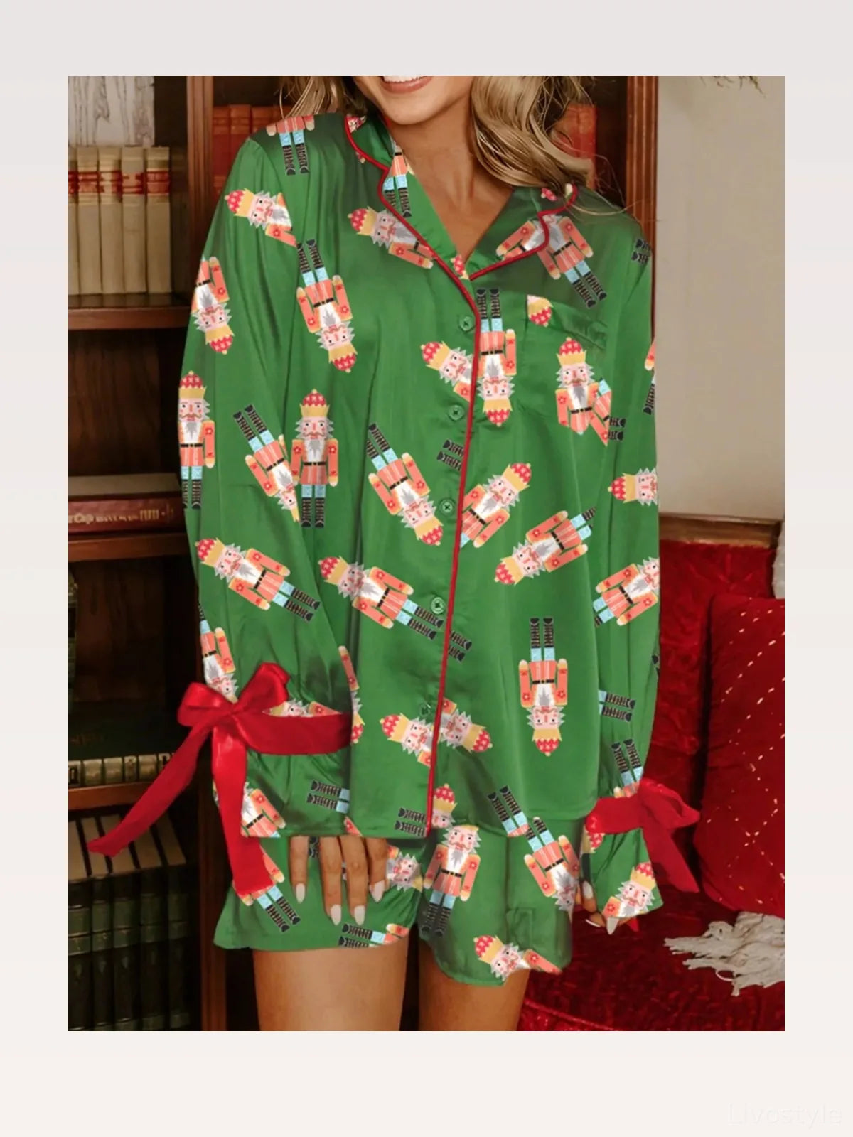 Green Christmas Nutcracker Button-Up Top and Shorts Lounge Set