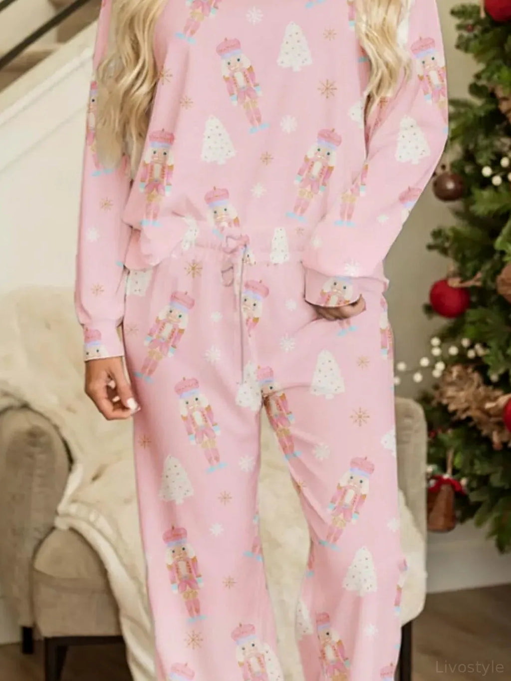 Blush Pink Christmas Tree Nutcracker Print Top and Pants Lounge Set