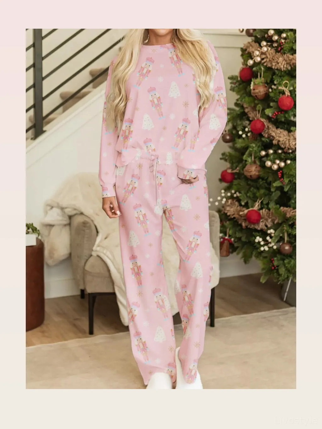 Blush Pink Christmas Tree Nutcracker Print Top and Pants Lounge Set