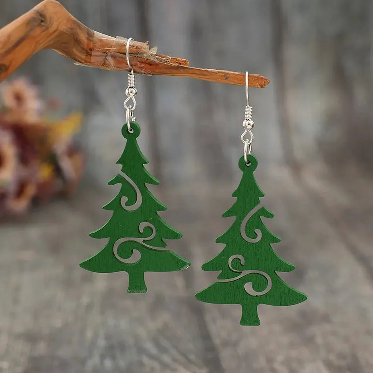 Christmas Tree Wooden Dangle Earrings