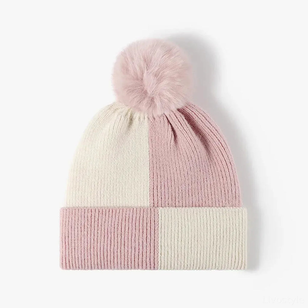 Color Block Knit Beanie with Pom-pom