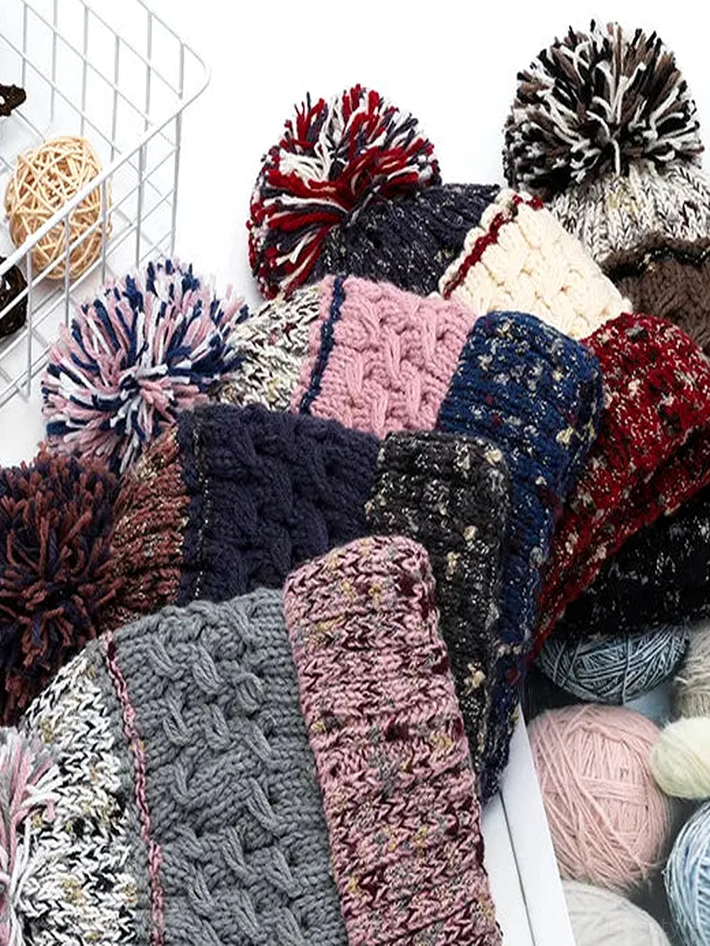 Contrast Thermal Cable Knit Beanie with Pompom