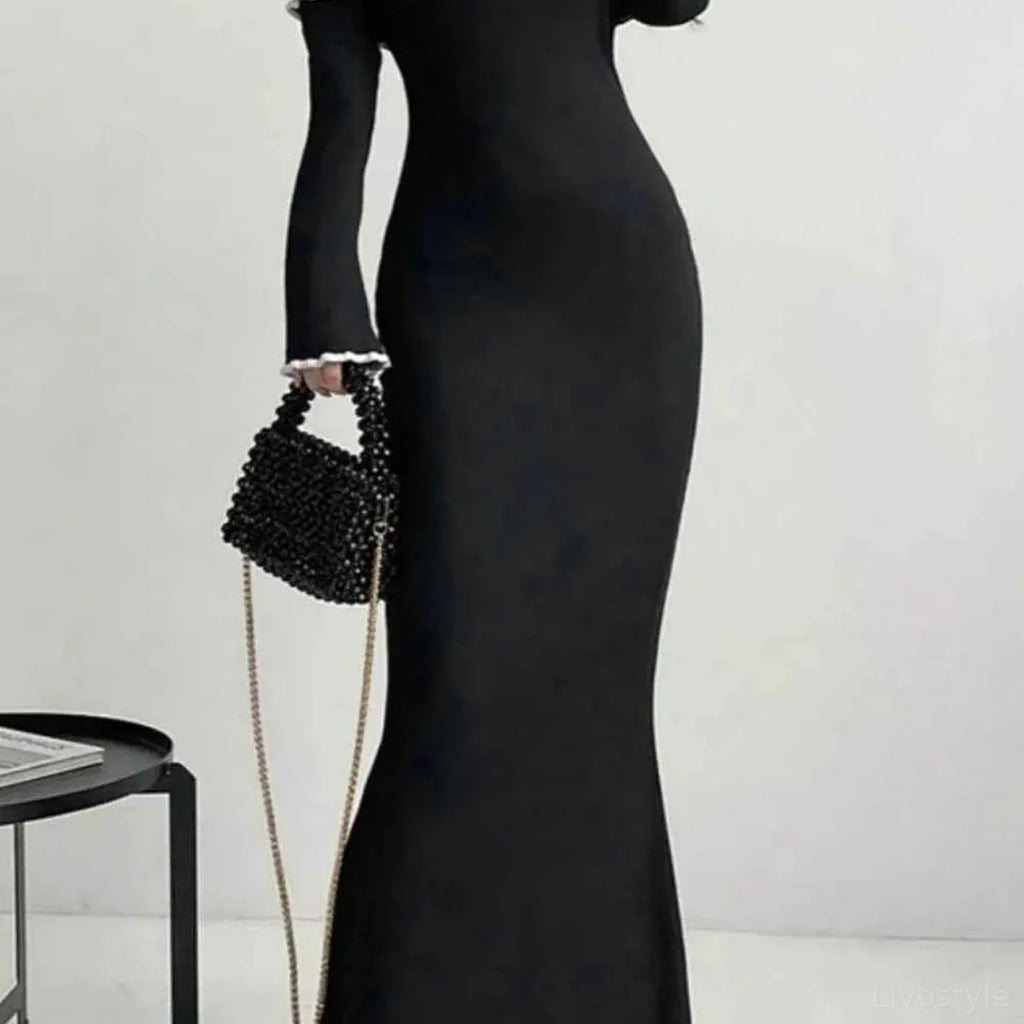 Contrast Trim Off-Shoulder Long Sleeve Sweater Dress