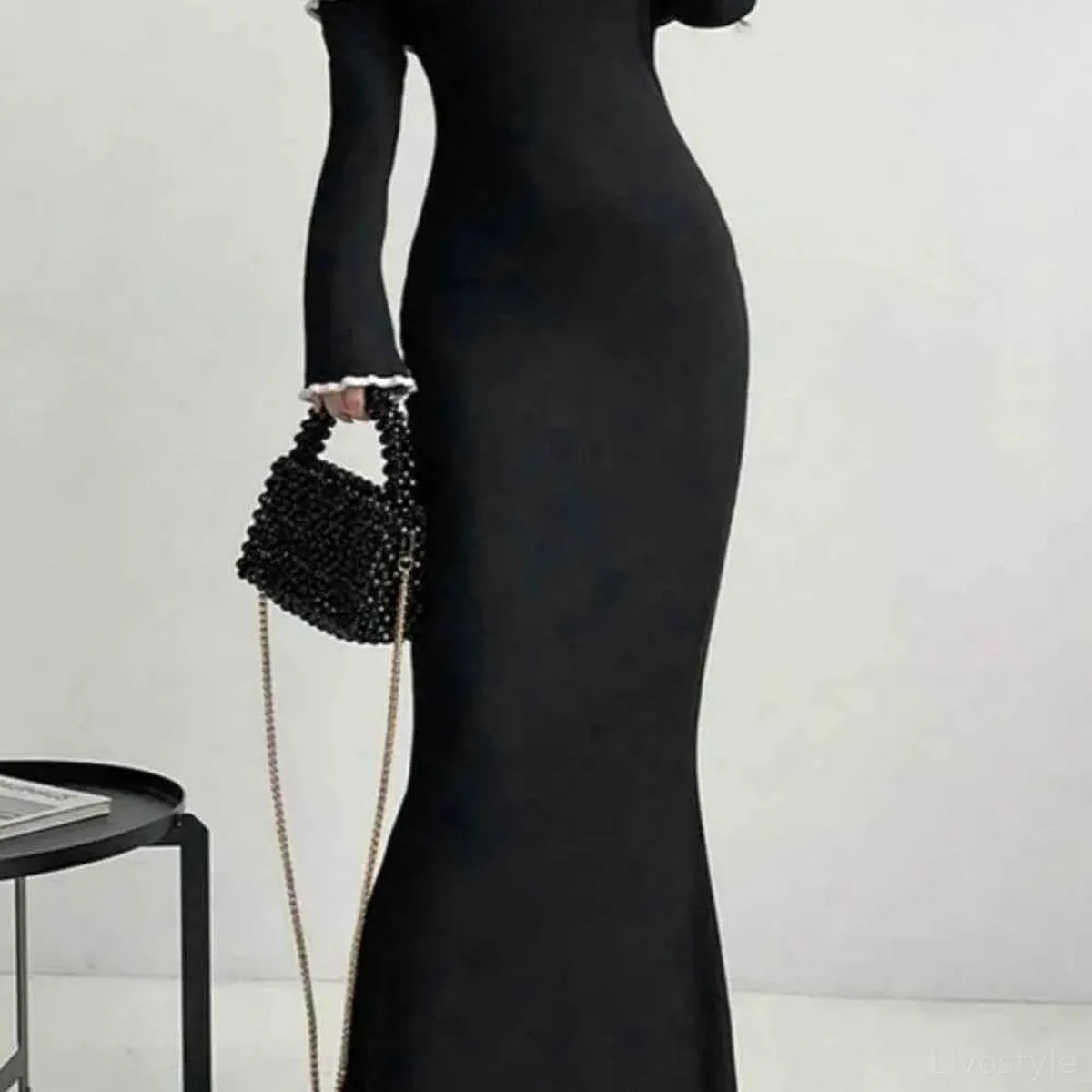 Contrast Trim Off-Shoulder Long Sleeve Sweater Dress