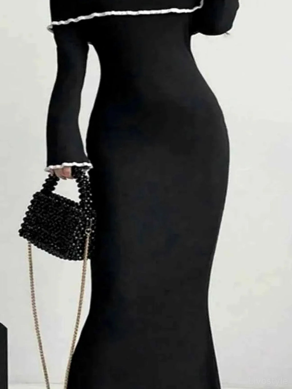 Contrast Trim Off-Shoulder Long Sleeve Sweater Dress
