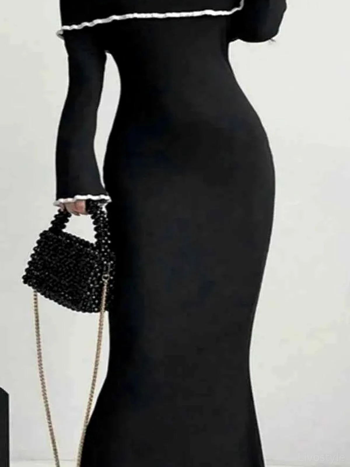 Contrast Trim Off-Shoulder Long Sleeve Sweater Dress