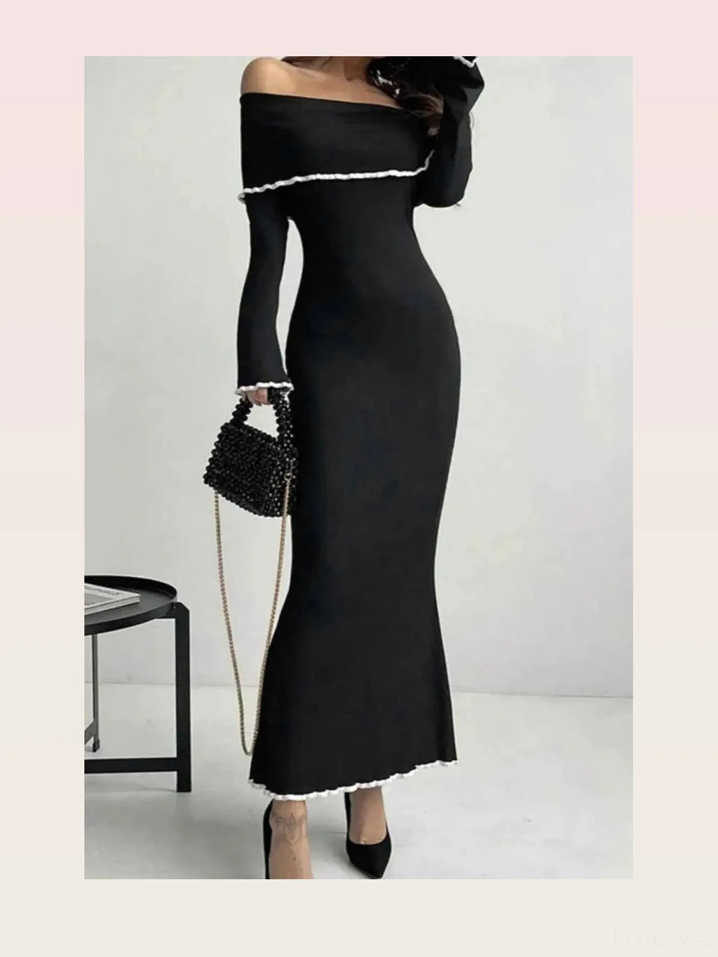 Contrast Trim Off-Shoulder Long Sleeve Sweater Dress