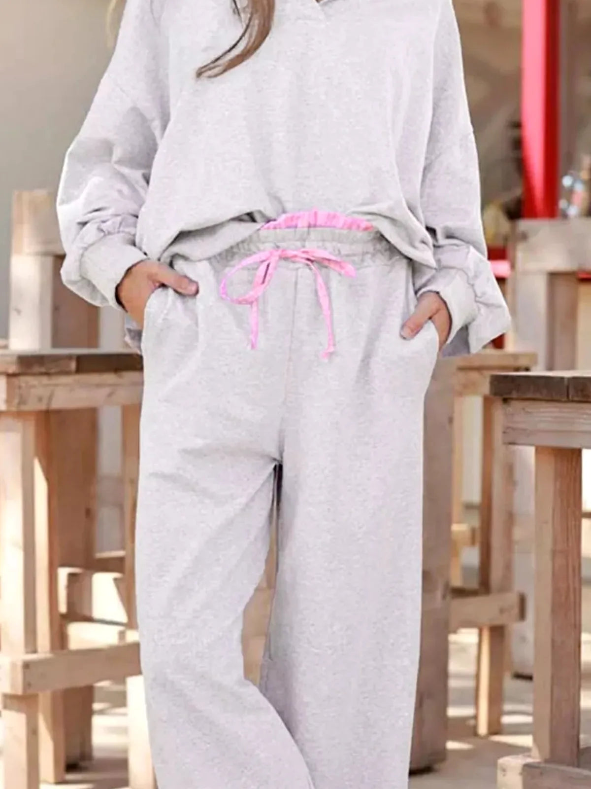 Contrast Trim Frilled Collar Top and Drawstring Pants Lounge Set