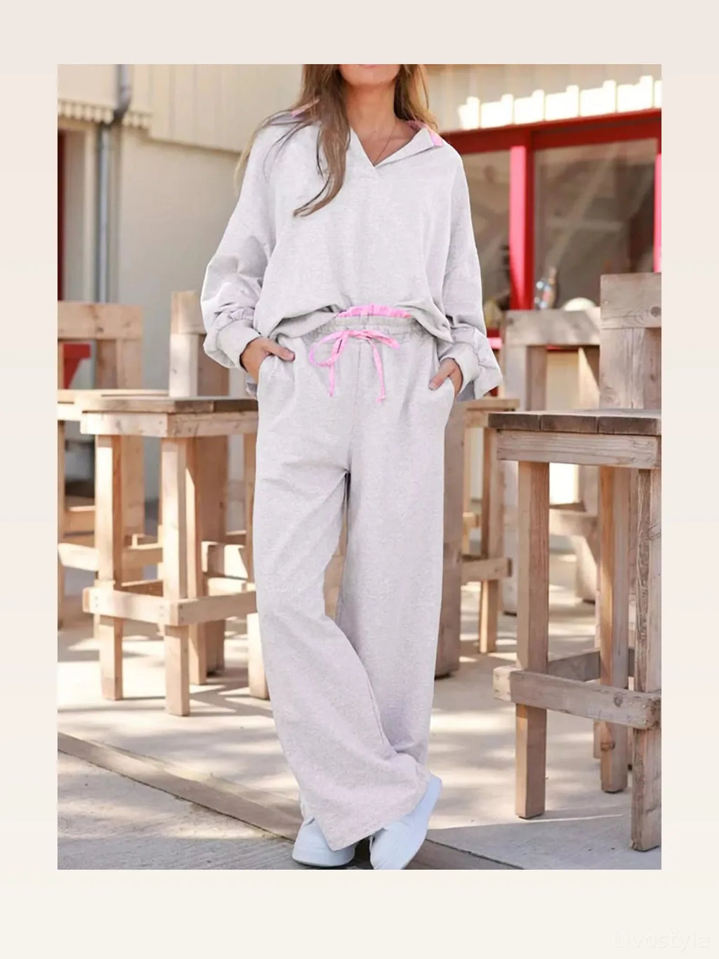 Contrast Trim Frilled Collar Top and Drawstring Pants Lounge Set