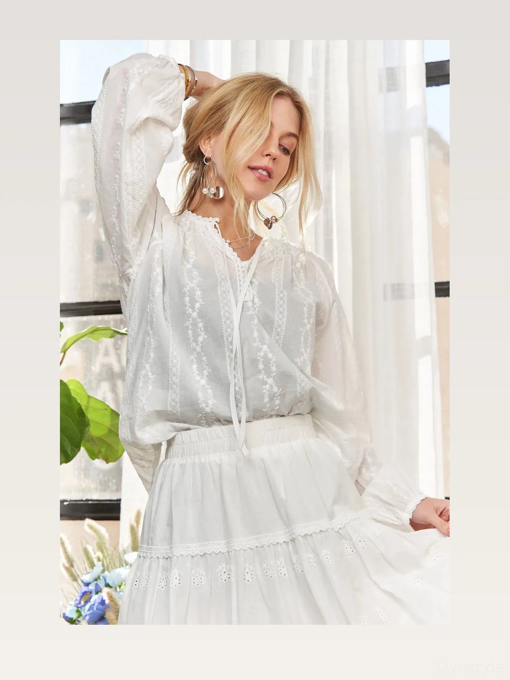 Bohemian 100% Cotton Peasant Top with Eyelet and Floral Embroidery
