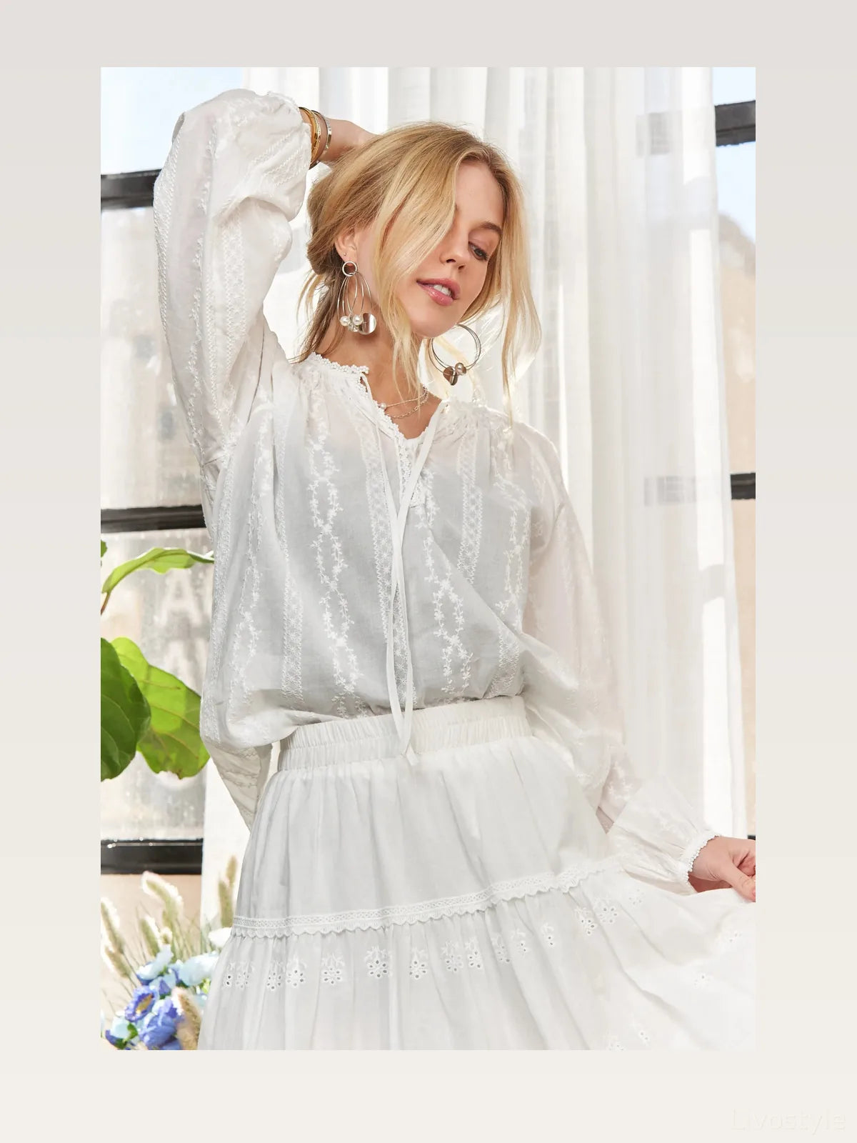 Bohemian 100% Cotton Peasant Top with Eyelet and Floral Embroidery