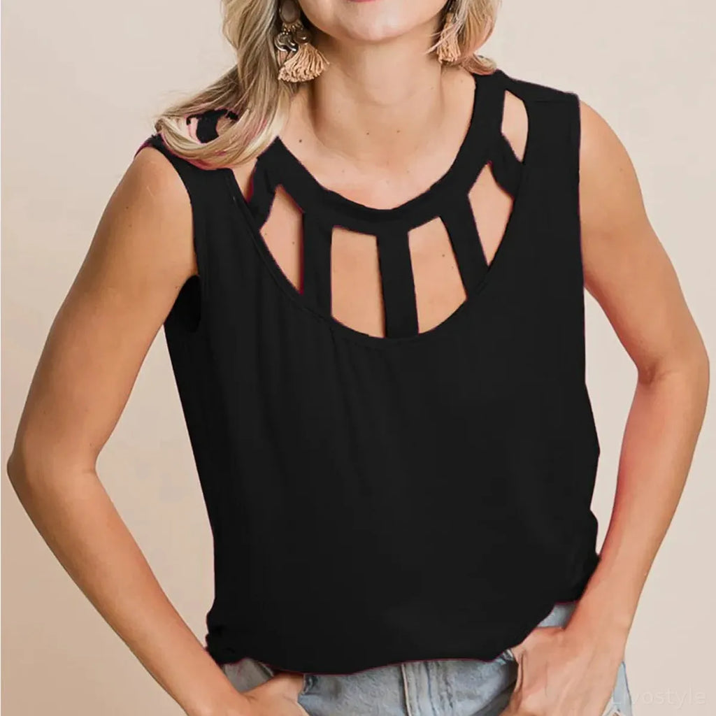 Round Neck Sleeveless Top with Cutout Neckline