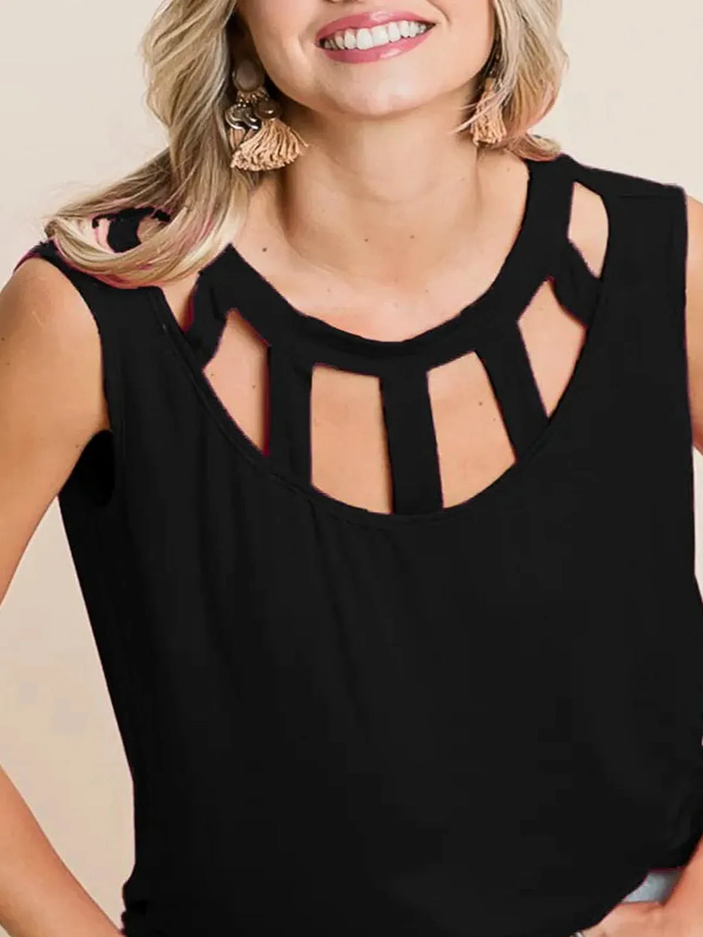 Round Neck Sleeveless Top with Cutout Neckline
