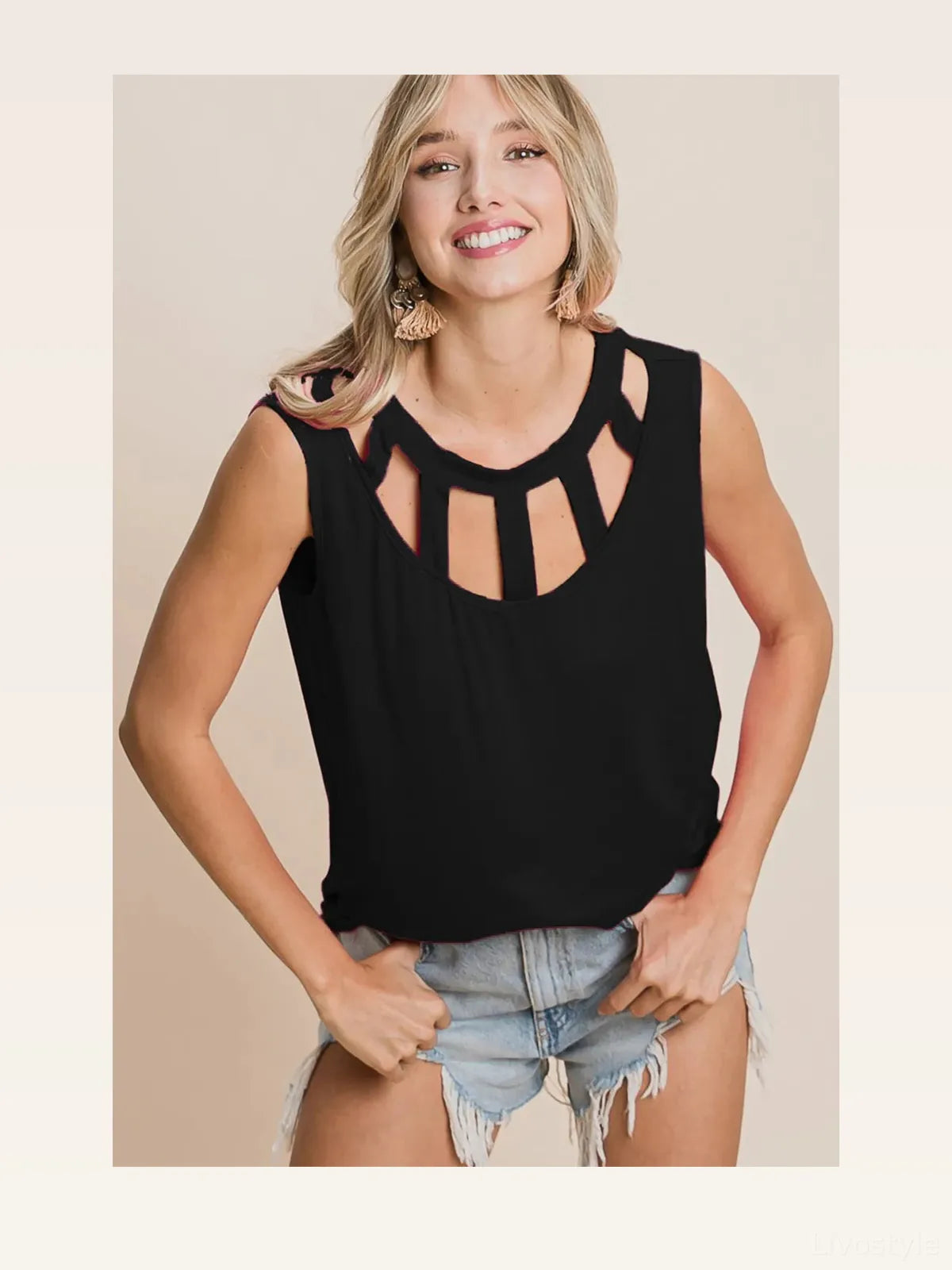 Round Neck Sleeveless Top with Cutout Neckline