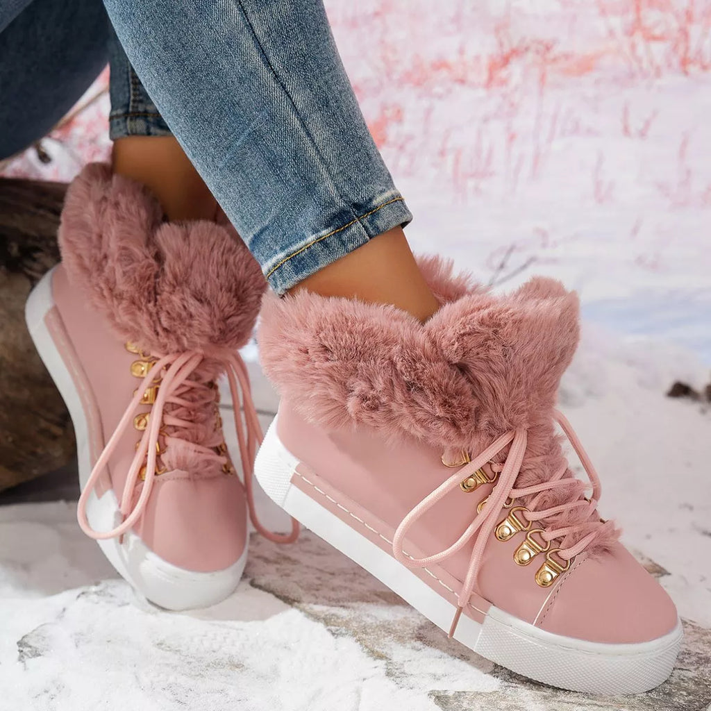Fuzzy Trim Lace-Up Ankle Boots