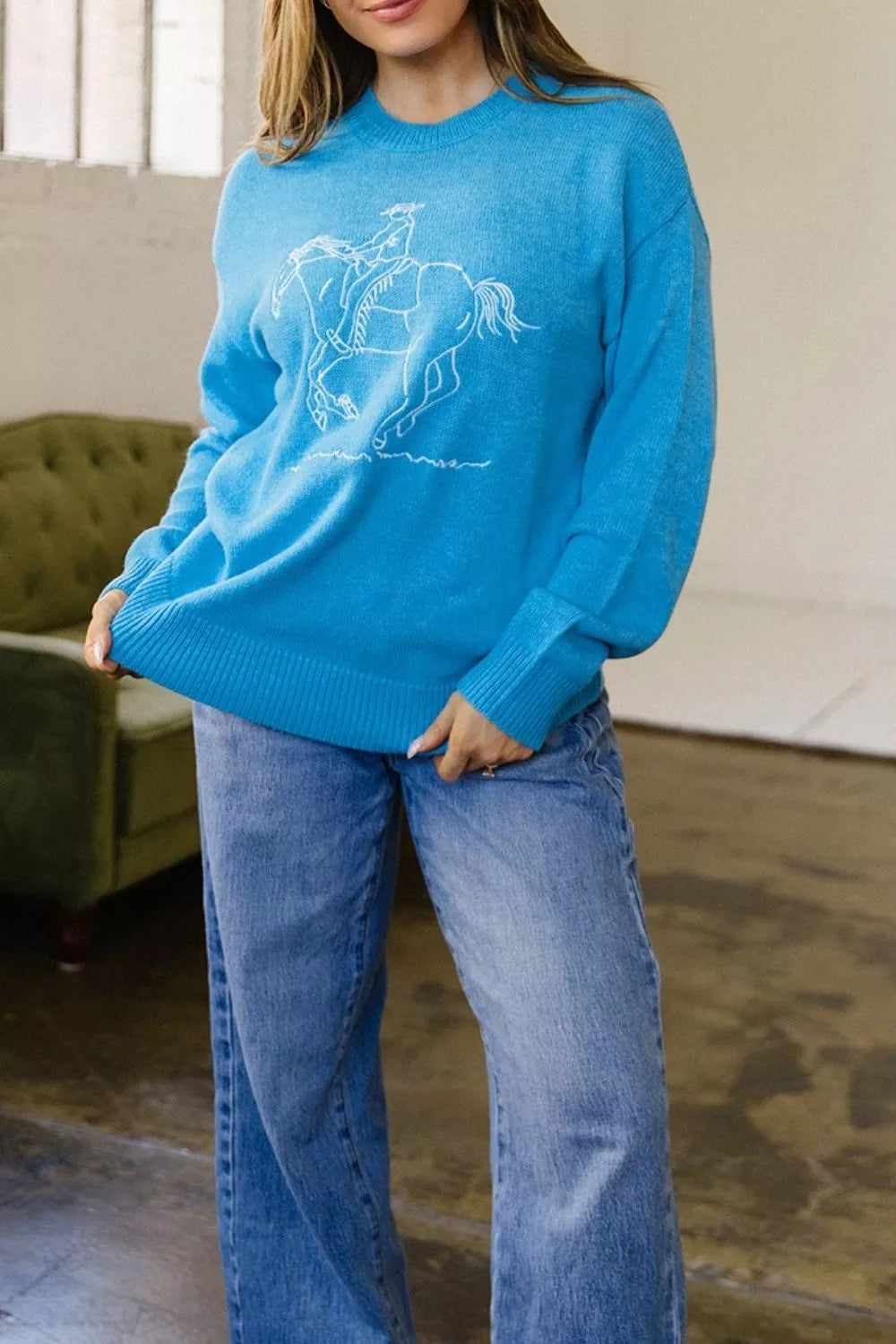 Western Embroidery Drop Shoulder Sweater
