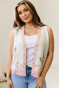 Pink Color Block Trim Button Front Cactus Pattern Western Sweater Vest