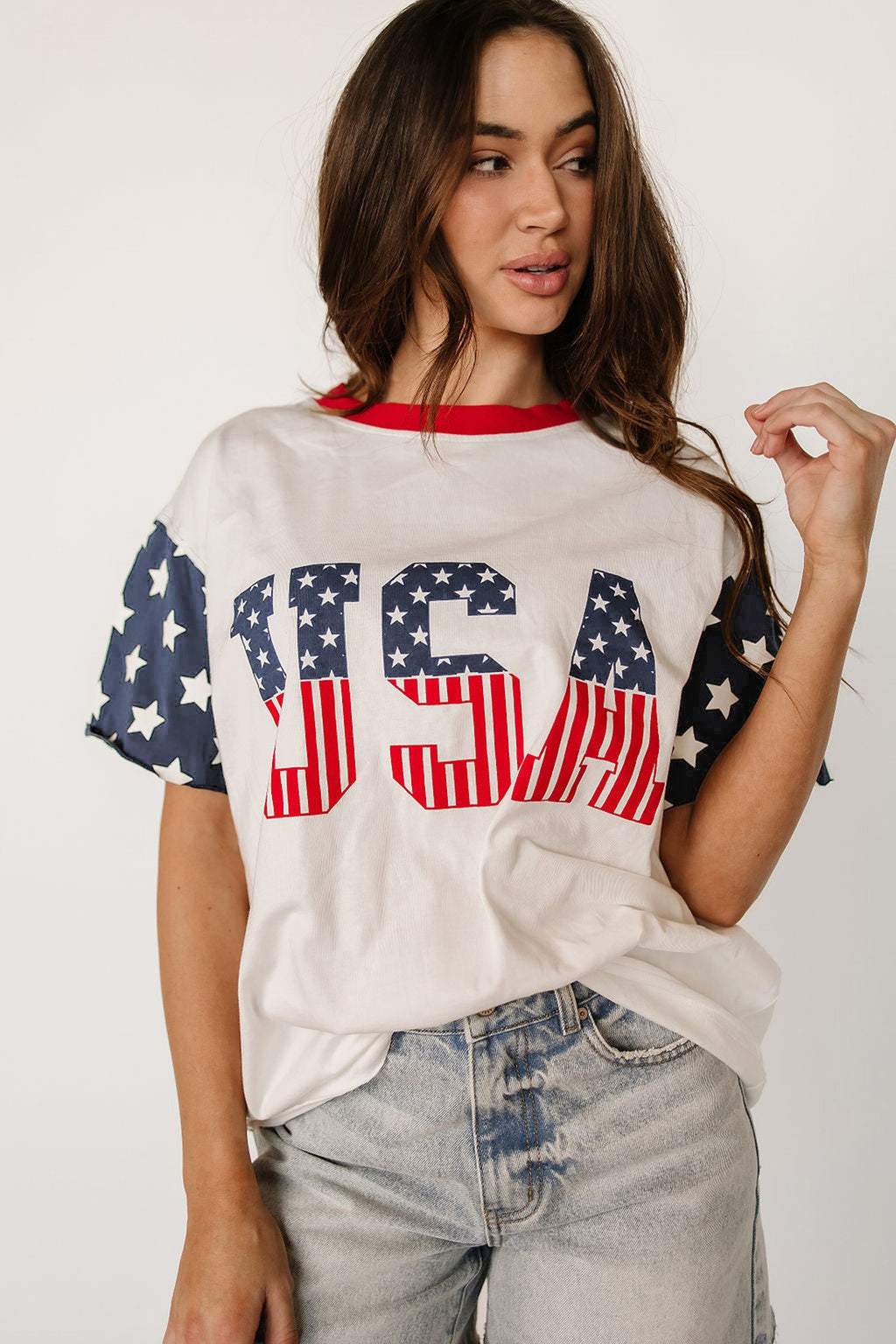 Jet Stream Flag Print USA Graphic Patchwork Casual Tee