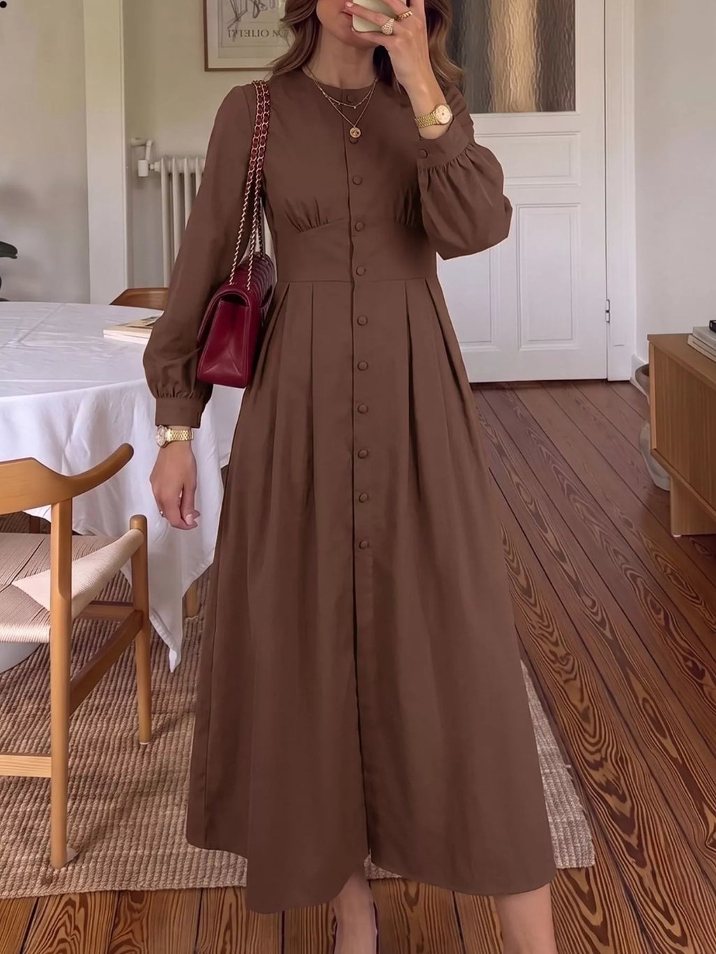 Button-Down Long Sleeve Midi Dress