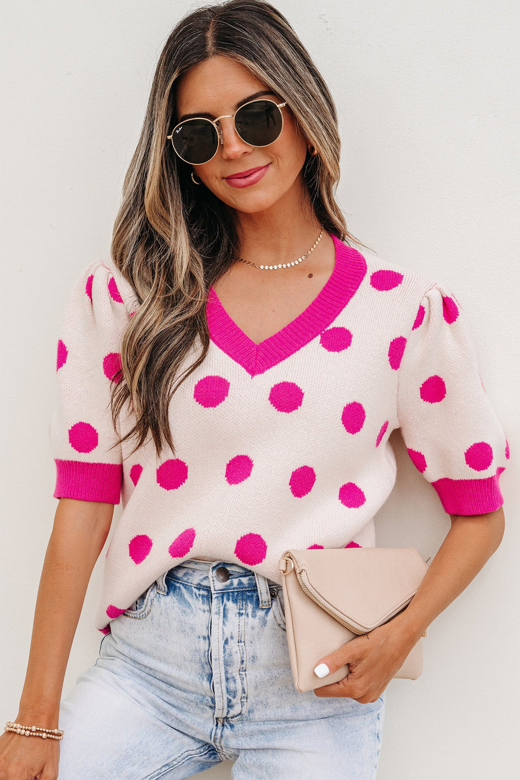 Pink Polka Dot Puff Short Sleeve Sweater Top