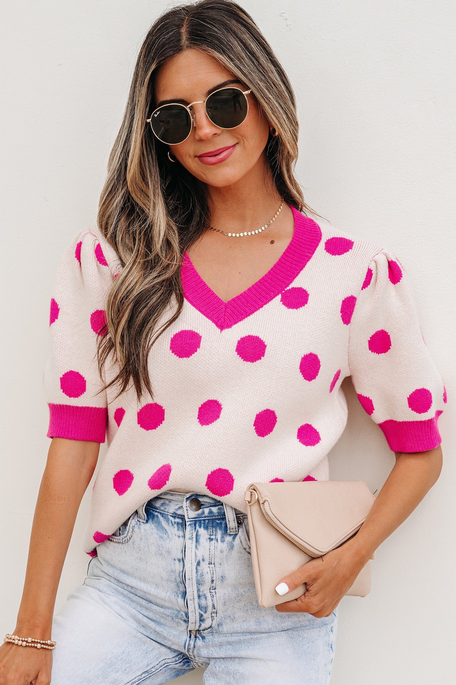 Pink Polka Dot Puff Short Sleeve Sweater Top