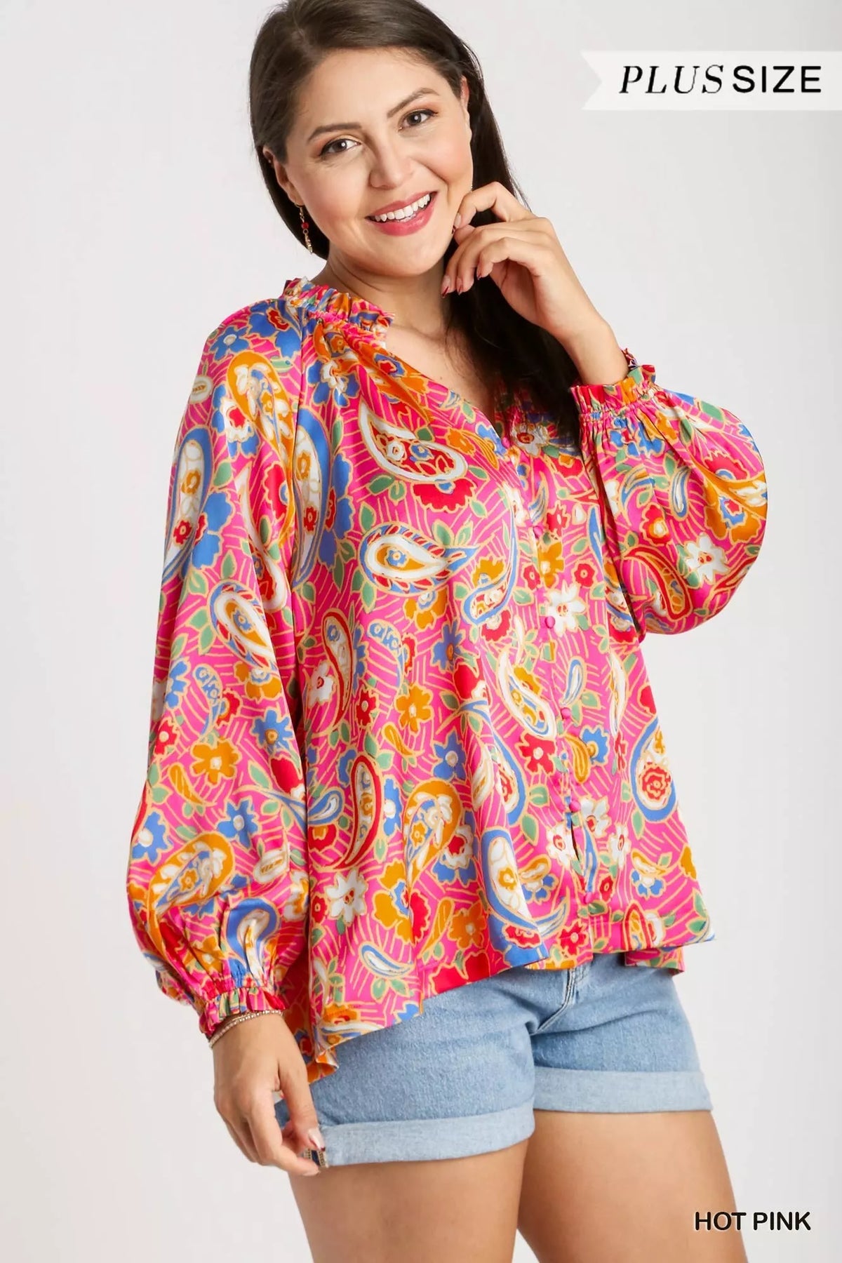 Satin Paisley Ruffle Neck Button-Up Shirt – Plus Size