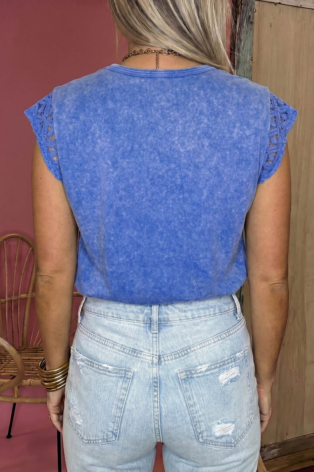 Sky Blue Mineral Wash Raw Seam Lace Sleeve Cotton Tee