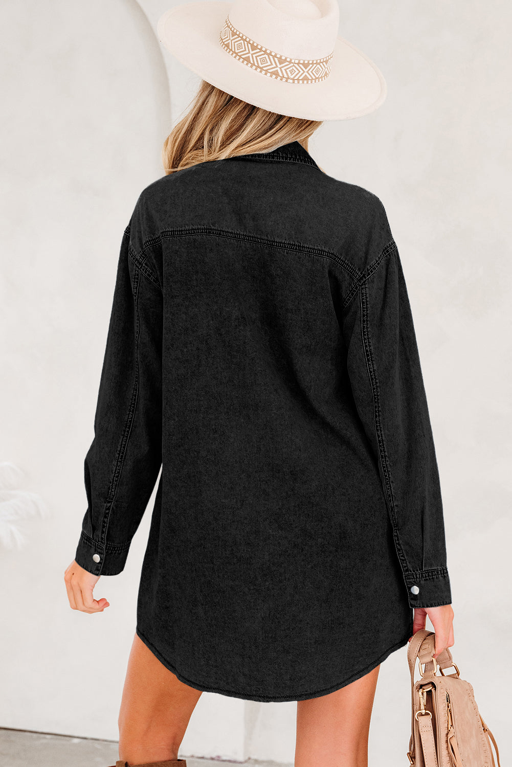 Solid Denim Chest Pocket Raw Hem Shirt Dress