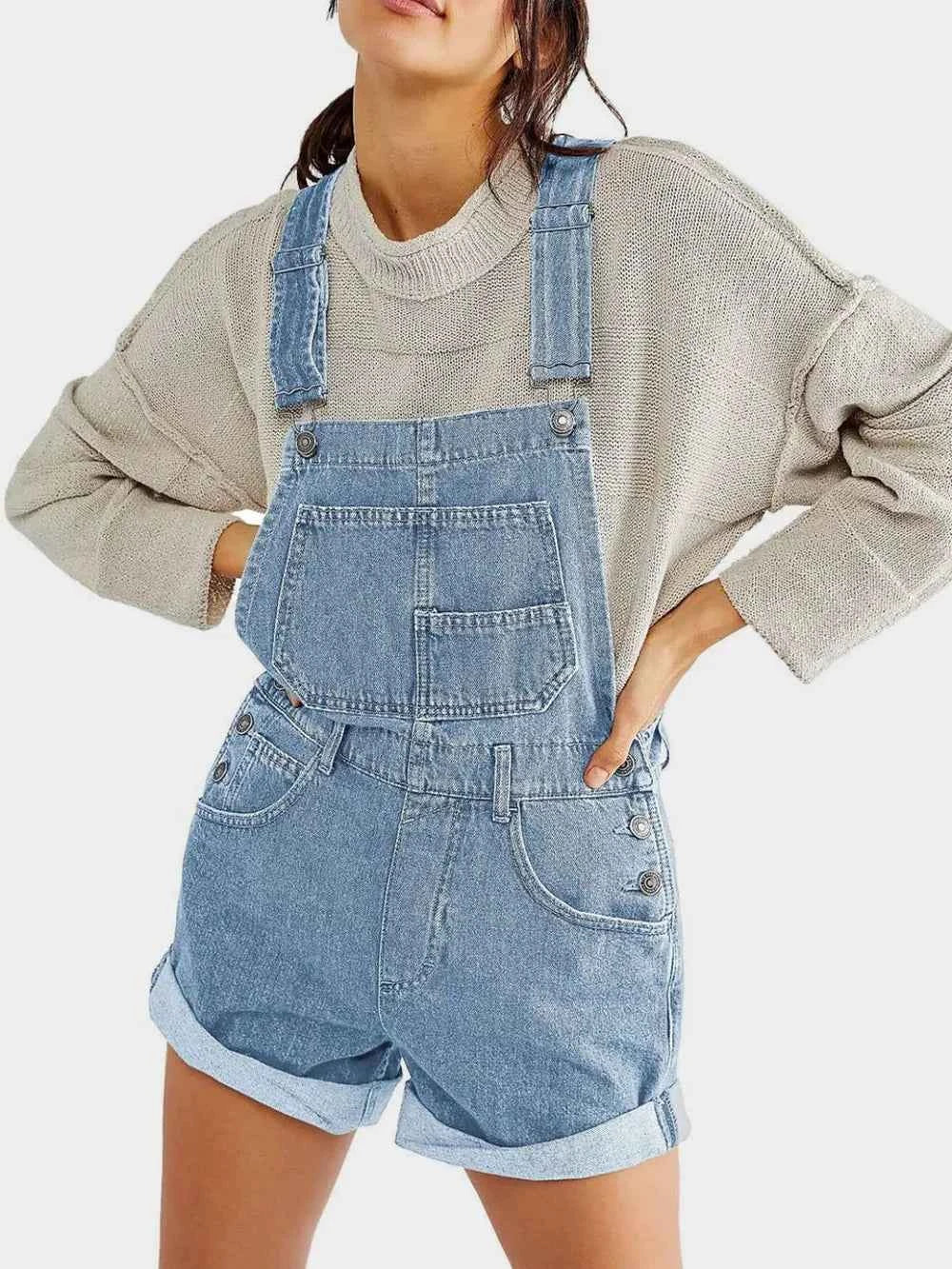 Pocketed Square Neck Wide Strap Denim Short Overalls