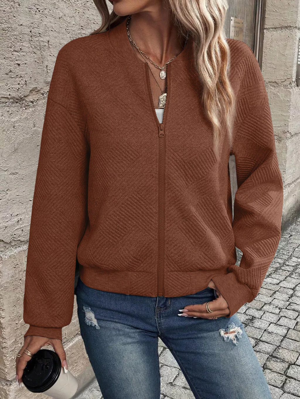 Textured Knit Zip-Up Jacket