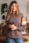 Dark Khaki Color Block Drop Shoulder Pullover Casual Sweatshirt