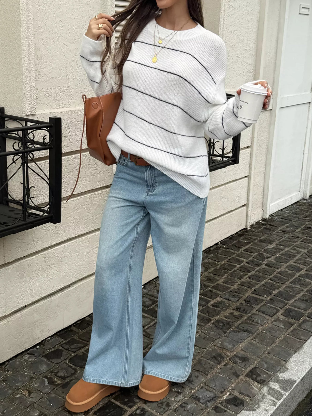 Striped Crew Neck Dropped Shoulder Sweater