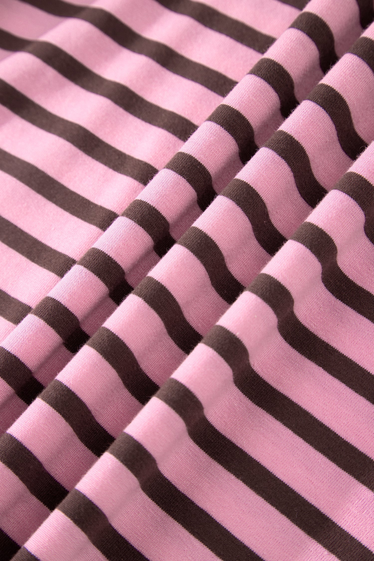 Rose Stripe Striped V-Neck Ribbed Collar Cuff Gathering Puff Sleeve Top