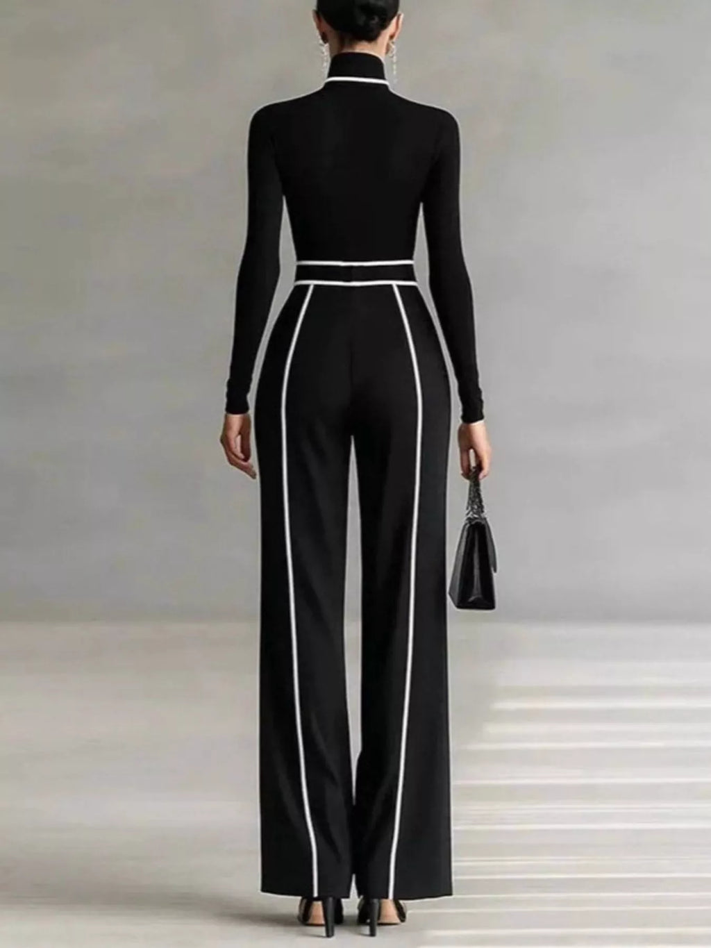 Turtleneck Long Sleeve Top and Contrast Pants Set