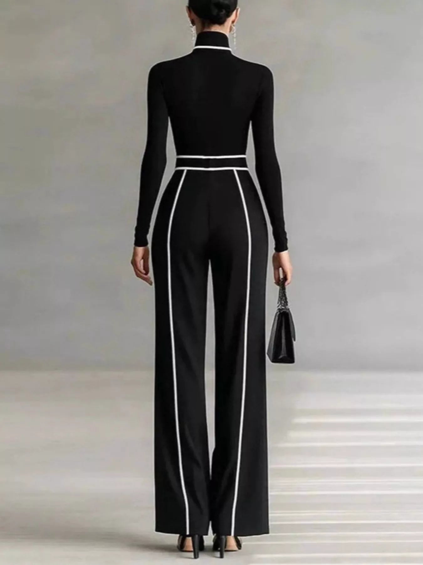 Turtleneck Long Sleeve Top and Contrast Pants Set
