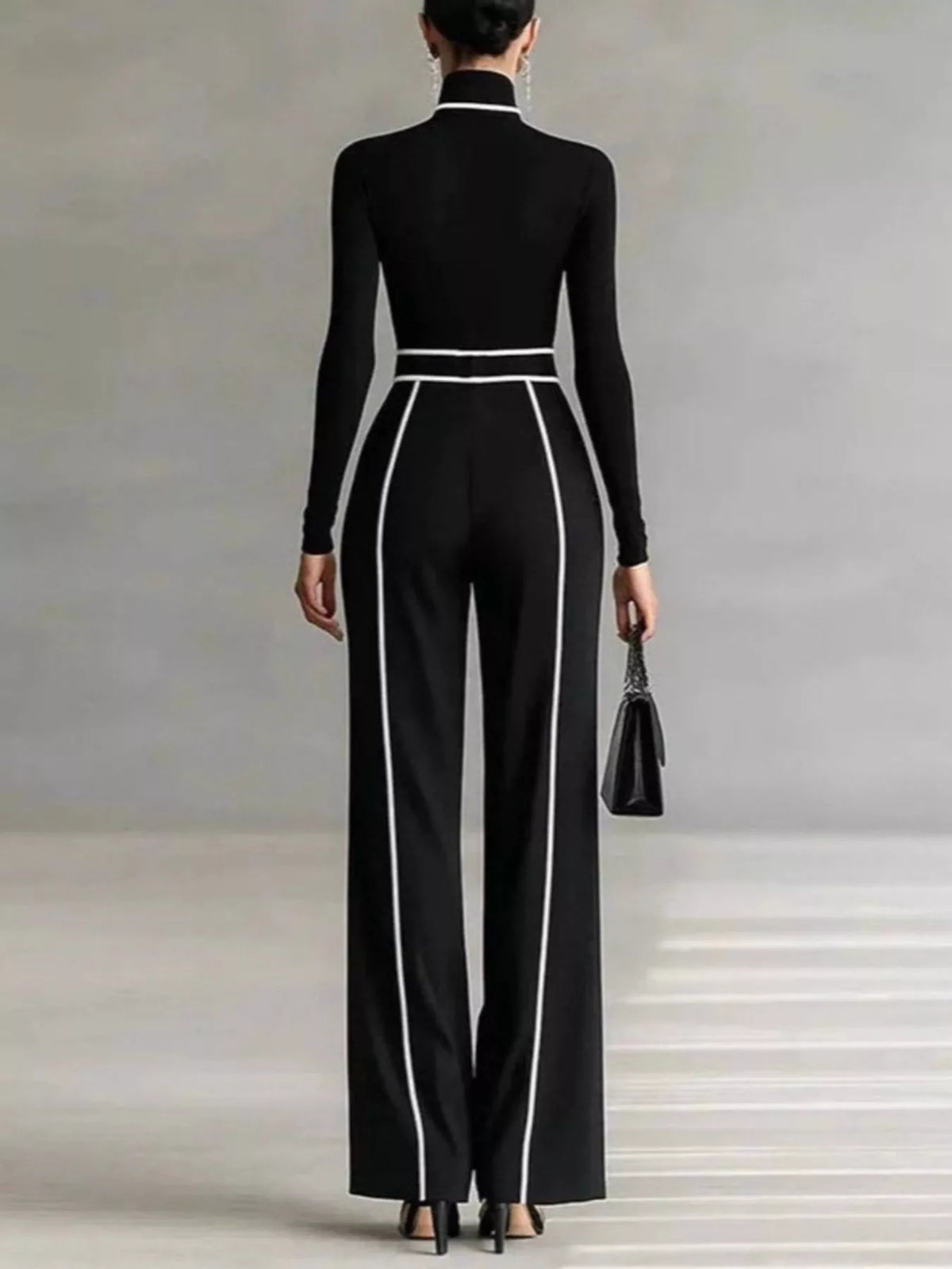 Turtleneck Long Sleeve Top and Contrast Pants Set
