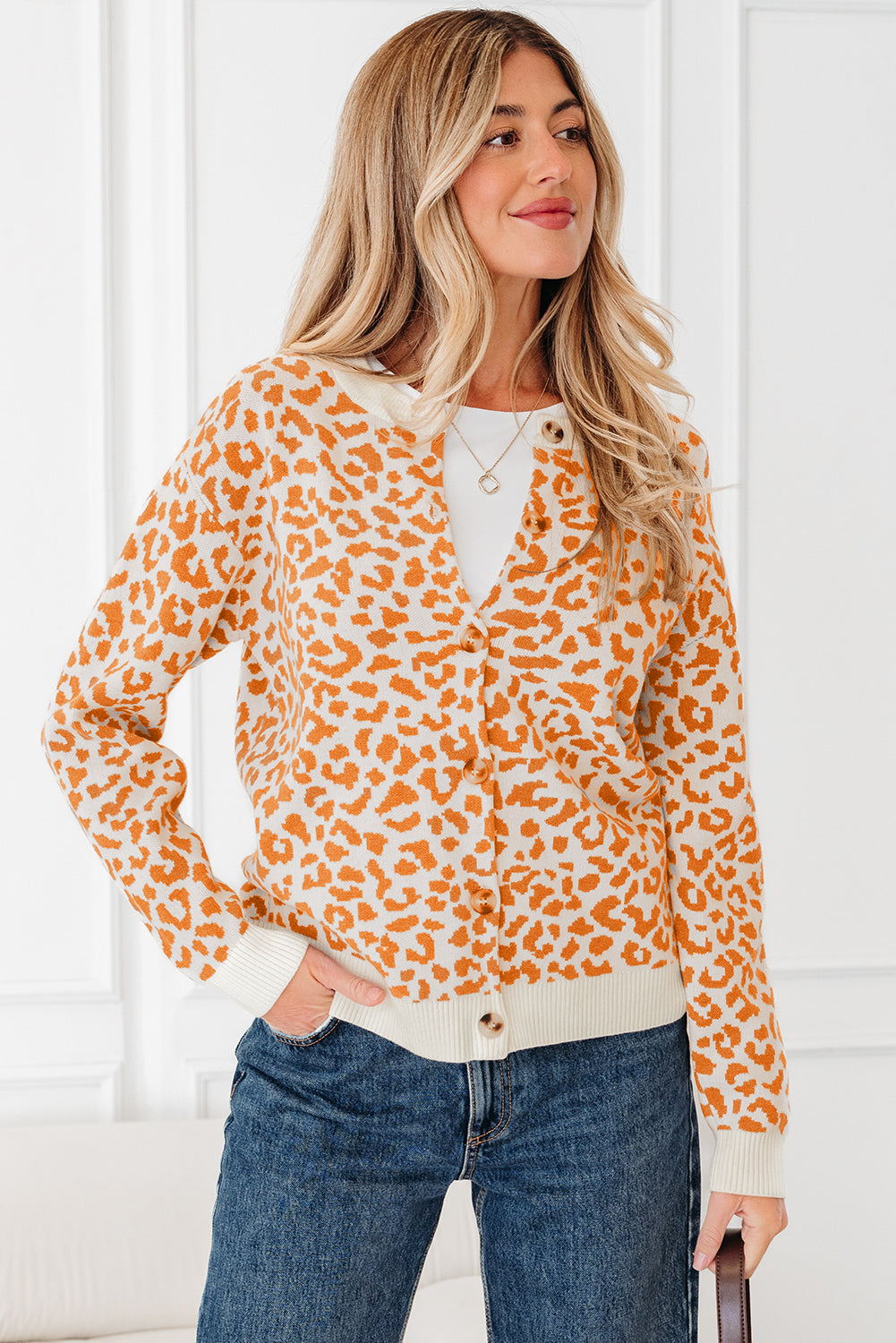 Leopard Drop Shoulder Chunky Cardigan Sweater