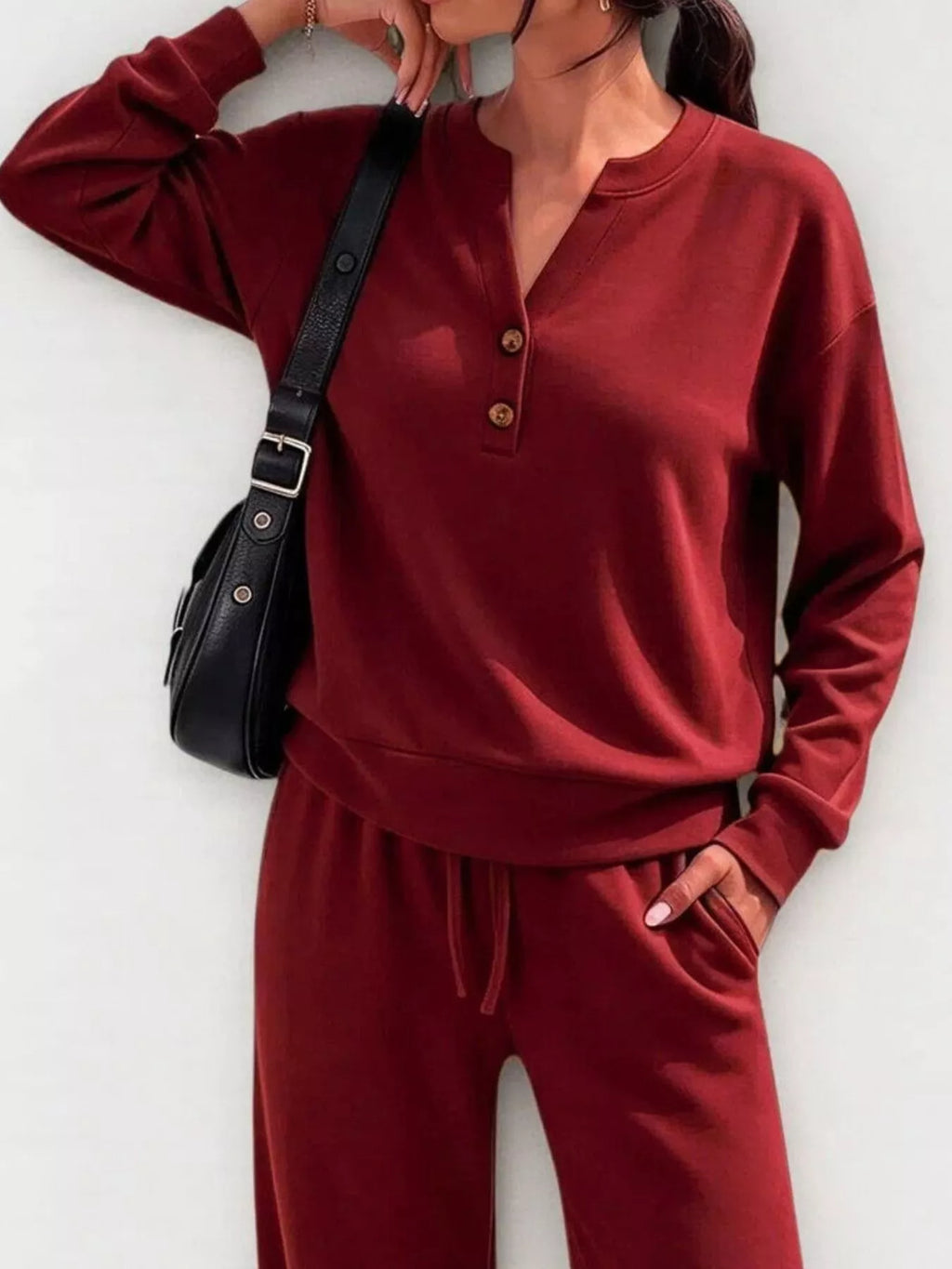 Button Detail Dropped Shoulder Top and Pants Set