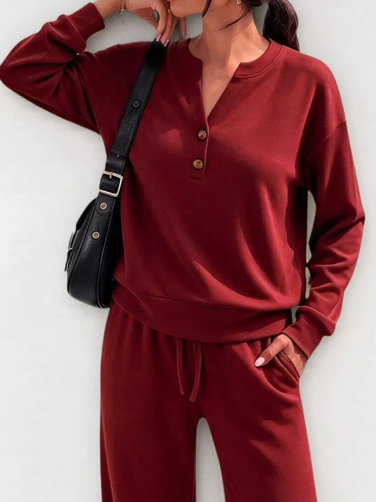 Button Detail Dropped Shoulder Top and Pants Set