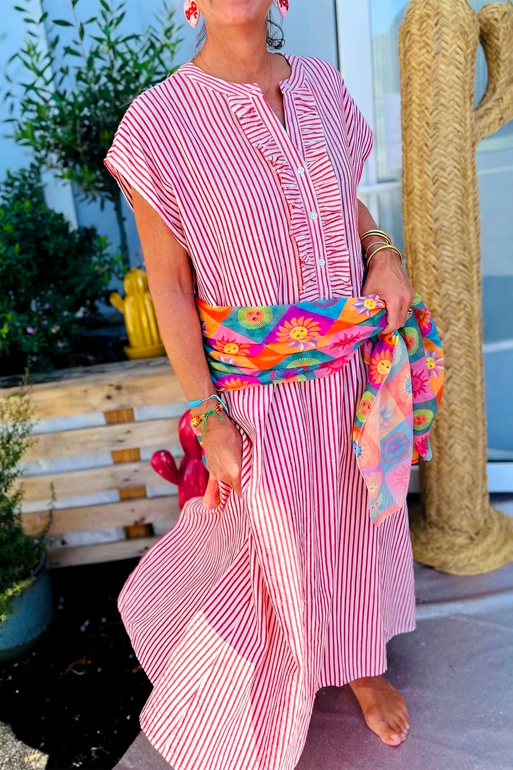 Red Stripe Frilled Detail Half Buttons Short Sleeve Long Dress