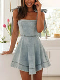 Bow-Shoulder Square Neck Denim Mini Dress
