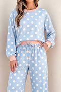 Polka Dot Contrast Trim Long Sleeve Top Drawstring Shift Pants Set