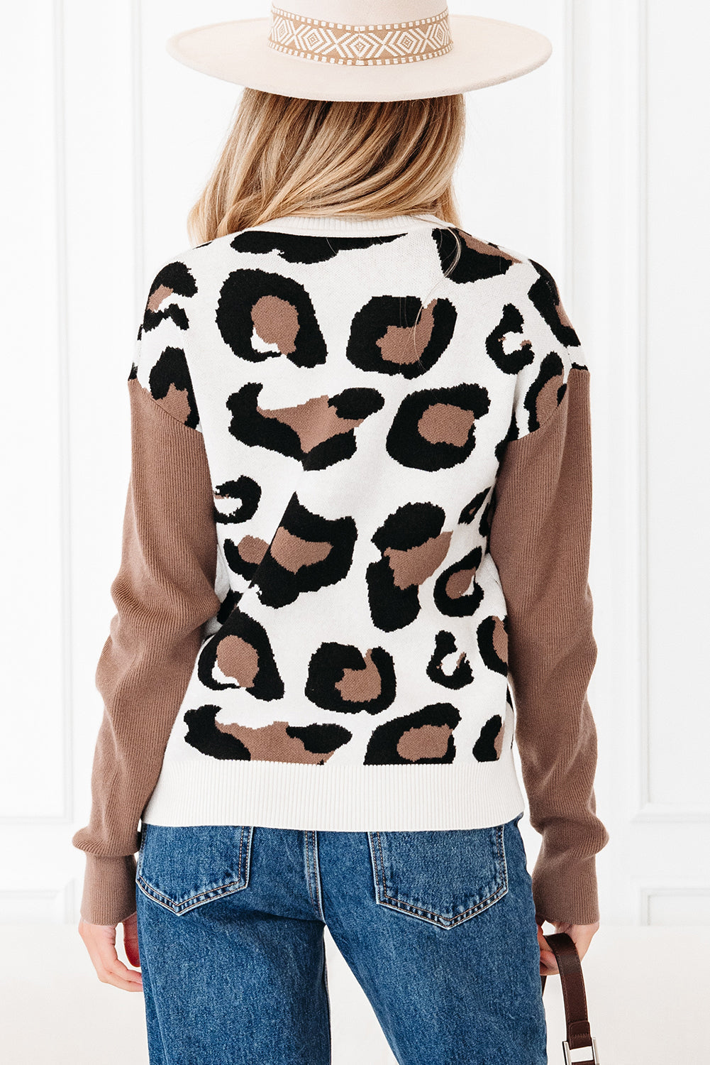 Leopard Colorblock Drop Shoulder V-Neck Sweater