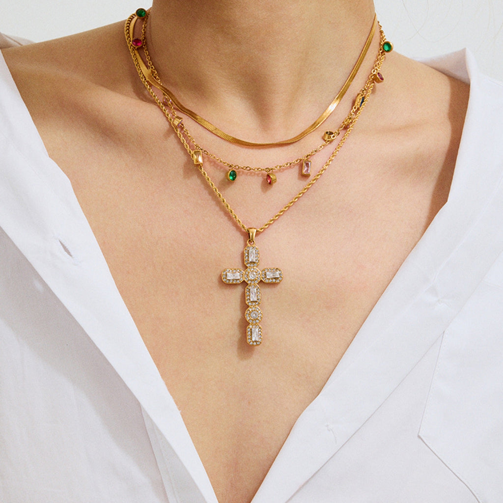 18K gold cross inlaid gemstone exquisite design dazzling necklace