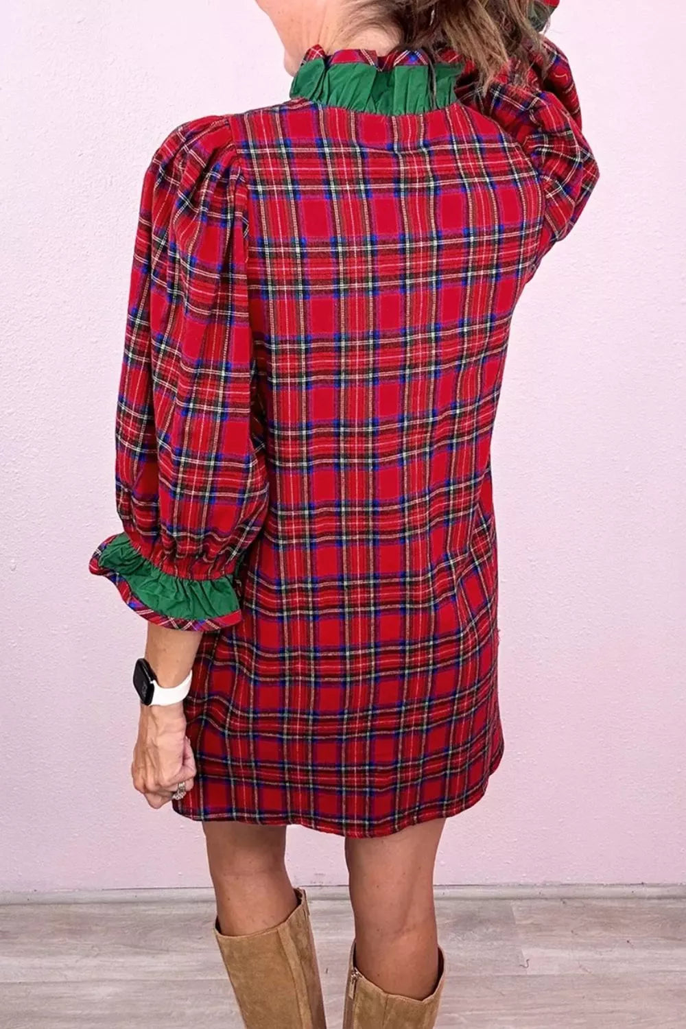 Plaid Ruffle Cuff Button Front Pocket Mini Dress