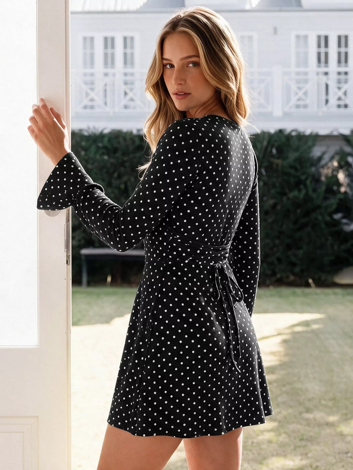 Polka Dot Long Sleeve Ruffle Hem Mini Dress