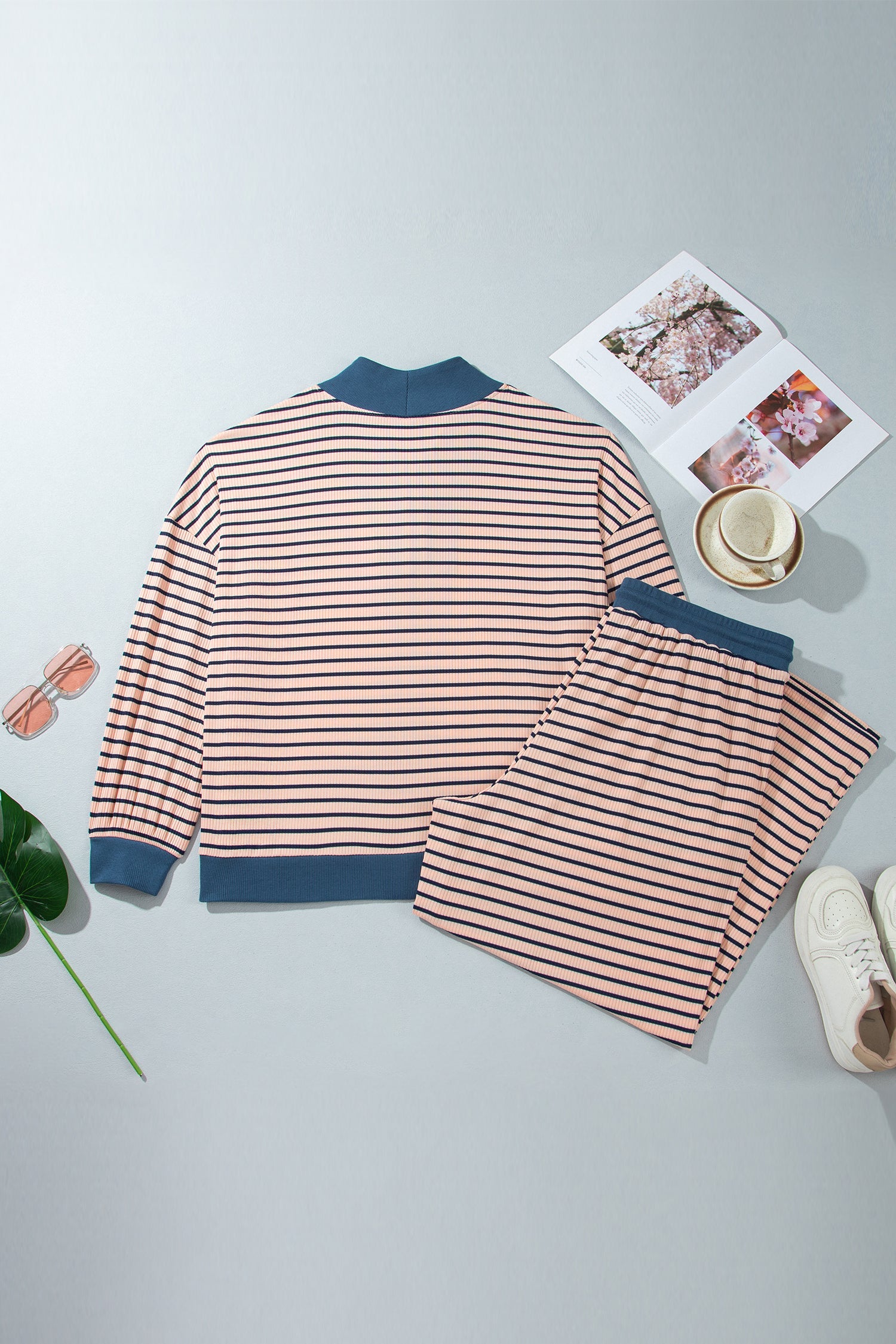 Pink Stripe Striped Colorblock V Neck Long Sleeve Plus Size Set