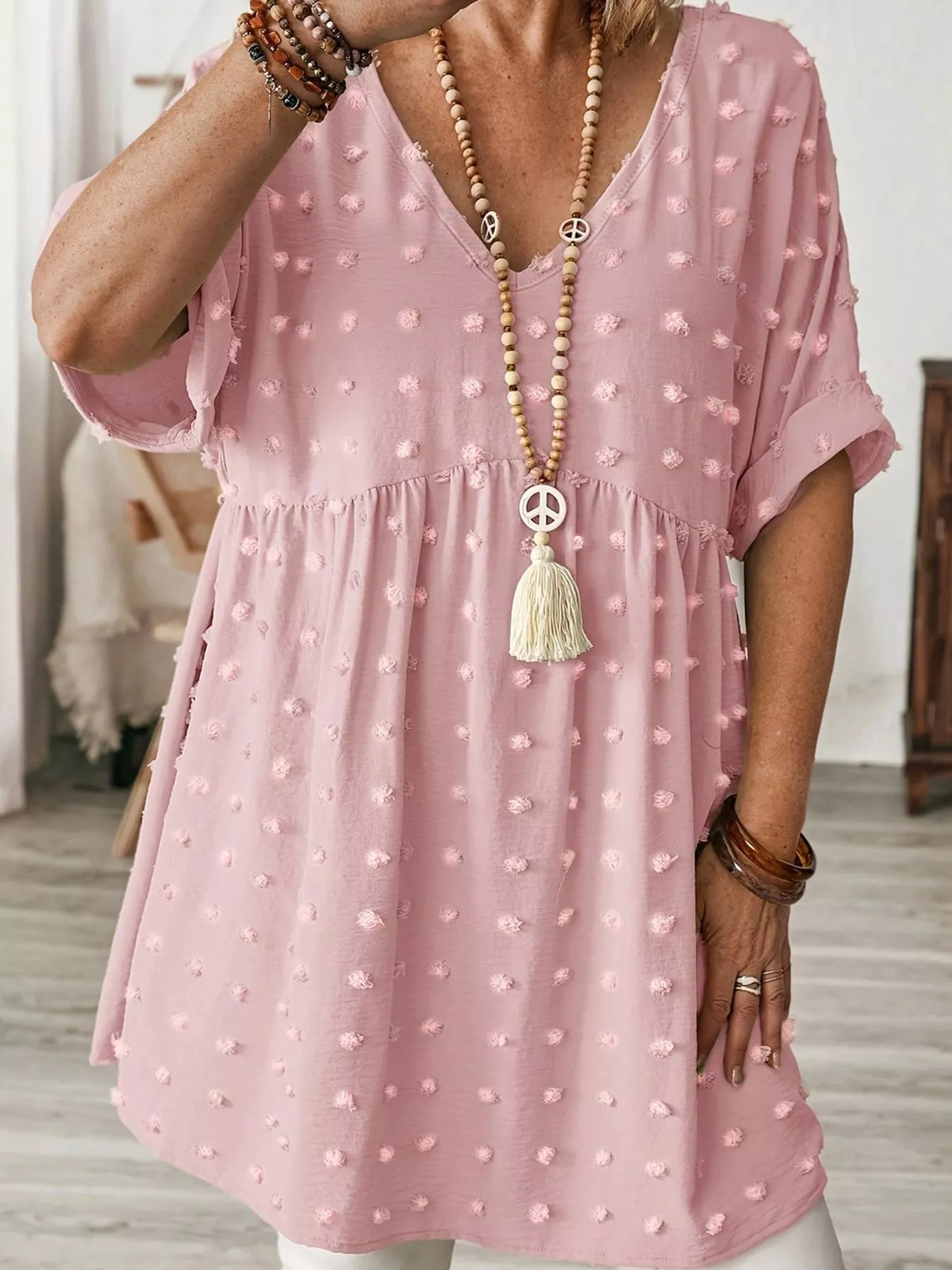Plus Size Swiss Dot V-Neck Casual Blouse