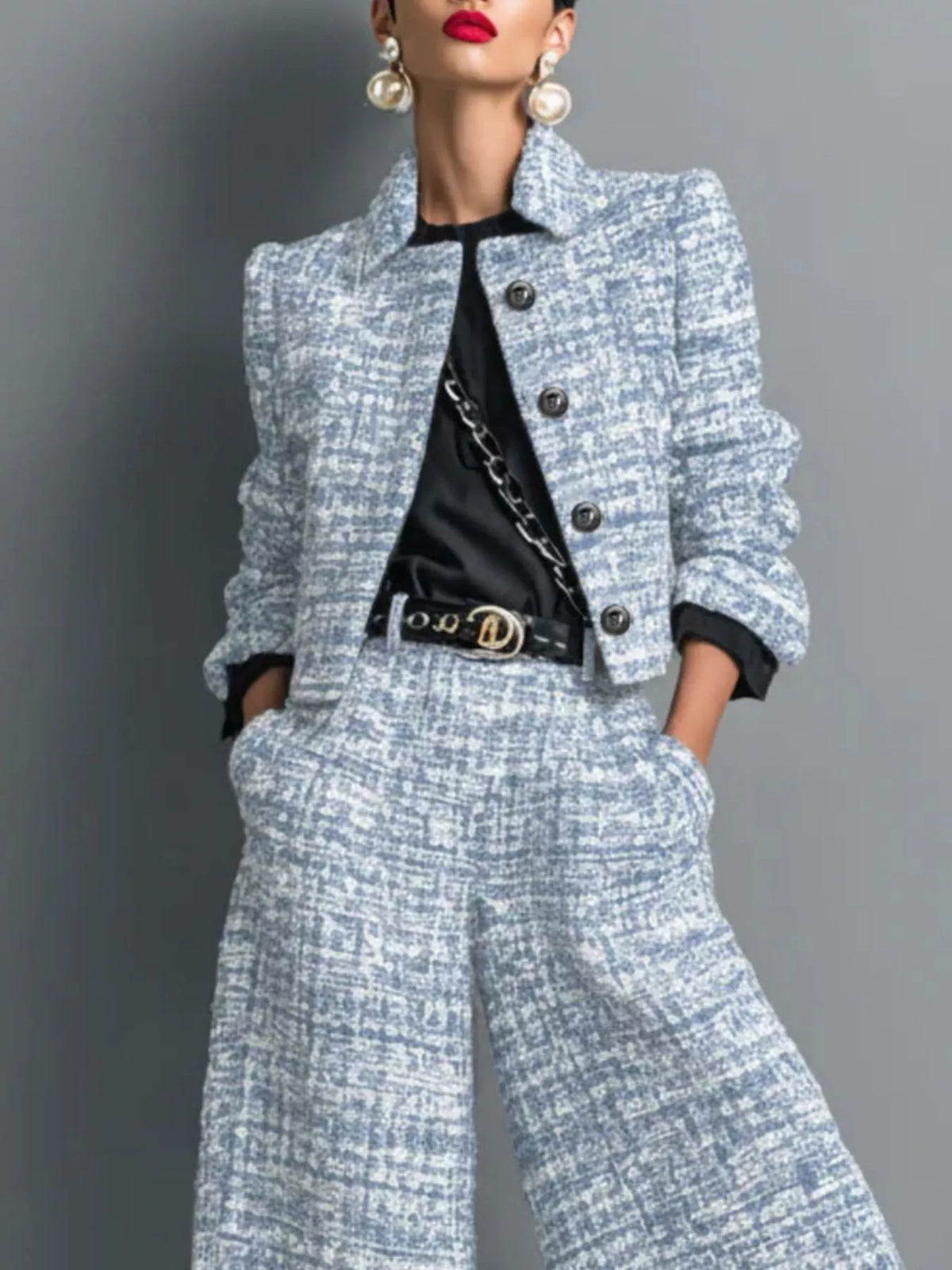 Tweed Cropped Jacket and Wide-Leg Pants Set