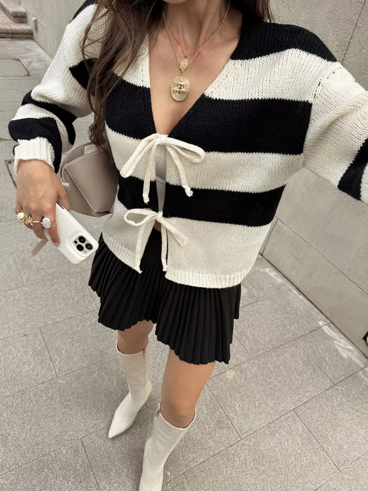 Striped Tie-Front Knit Cardigan